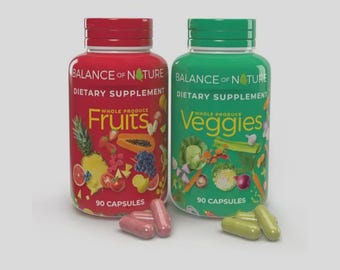 Confezione da 2 capsule di superfood per l'alimentazione quotidiana: 90 capsule di frutta e 90 capsule di verdura.