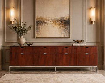 Aparador Credenza de nogal cromado, mueble de almacenamiento tipo buffet moderno de mediados de siglo hecho a mano