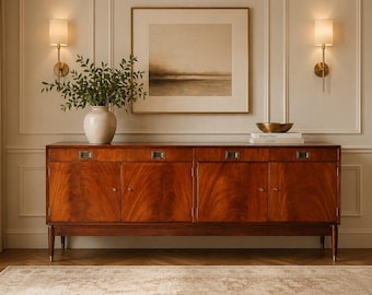 Aparador de caoba de 1966, credenza de mediados de siglo hecha a mano, armario de almacenamiento con tiradores de latón estilo campaña.