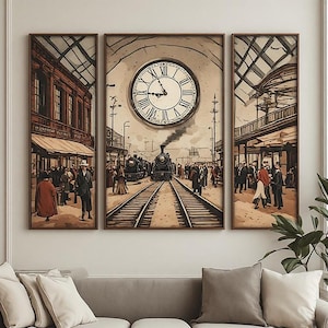 May include: A triptych wall art set featuring a sepia-toned illustration of a vintage train station. The center panel displays a large analog clock above steam locomotives on tracks, while the side panels depict passengers on platforms.