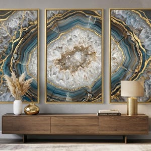 Blue Agate Slice Gold Veins Wall Art Print Room Bedroom Office Hallway Gallery Modern Contemporary Minimal Abstract Botanical