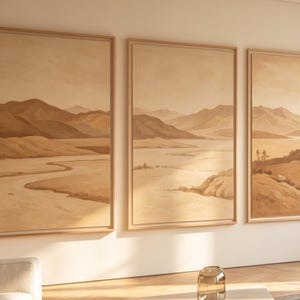 Sepia Toned River Valley Triptych Contemporary Minimal Abstract Botanical Landscape Neutral Statement Housewarming Gift Premium