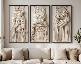 Cream Ivory Macrame Knot Fringe Woven Cord Textile Triptych Boho Natural Fiber Wall Art Living Room Neutral Print Decor Gift