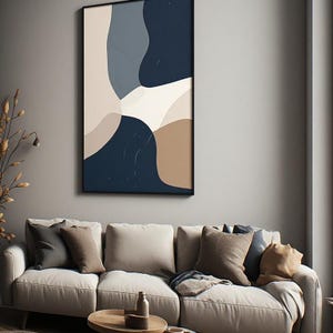 Peut inclure: Une œuvre d'art murale rectangulaire présentant des formes organiques abstraites en bleu marine, gris ardoise, crème et beige. L'œuvre est encadrée d'un fin bord noir et affiche une composition lisse de blocs de couleurs avec une texture subtile.
