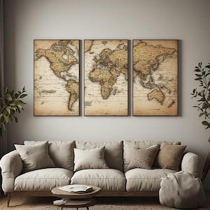 Vintage Sepia World Map Triptych Gallery Modern Contemporary Minimal Abstract Botanical Landscape Neutral Statement Housewarming