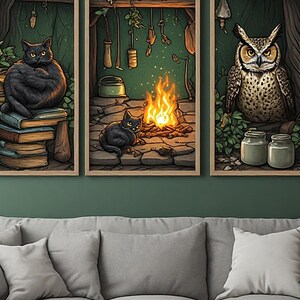 Witch's Familiars by the Hearth Triptych Wall Art, Dark Green Black Orange Brown, Cat on a Stack of Books Cat by the, Three Panel Triptych