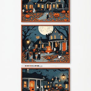 Peut inclure: Un ensemble de trois impressions murales encadrées représentant une scène d'Halloween nocturne avec des maisons, des citrouilles orange lumineuses, des feuilles mortes, une pleine lune et des personnages costumés. Palette de bleu foncé et orange.