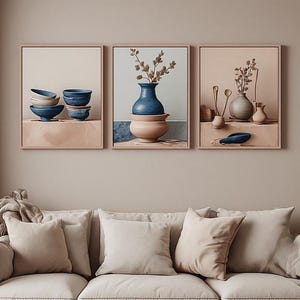 Ceramic Pottery Wall Art Set of 3, Still Life Bowls Dried Flowers Triptych, Blue Terracotta Kitchen Print for Dining Room