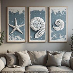Kustsjöstjärna Nautilussnäcka Trio Dammig Blå Vit Skumspray Triptyk Strand Vardagsrum Väggkonst Presentdekoration Middepunktsdekoration