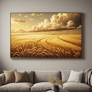 Peut inclure: Une impression d'art mural rectangulaire représentant un champ de blé doré sous un vaste ciel nuageux. Le paysage présente des courbes balayées de céréales mûres dans des tons ambrés et jaunes, éclairées par une lumière chaude sous des nuages.