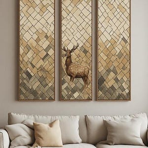 Geometric Deer Wall Art Set of 3, Abstract Woodland Pattern Nature Triptych, Beige Brown Boho Print for Living Room & Bedroom