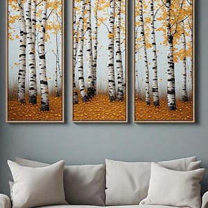 Peut inclure: Un ensemble de trois tableaux muraux verticaux représentant une forêt de bouleaux à l'écorce blanche et aux marques noires. Les arbres portent des feuilles d'automne jaune vif et le sol est recouvert d'une épaisse couche de feuilles dorées.