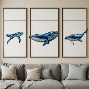 Peut inclure: Un triptyque composé de trois cadres muraux, chacun présentant l'illustration d'une baleine bleue sur un fond blanc uni. Les baleines sont représentées dans différentes positions de nage avec des tons bleus détaillés et des plis ventraux blancs.