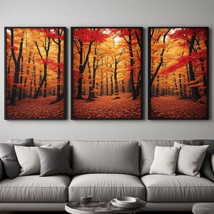 Autumn Maple Forest Fiery Orange Red Golden Foliage Path Triptych Fall Landscape Wall Art Living Room Nature Print Decor Gift