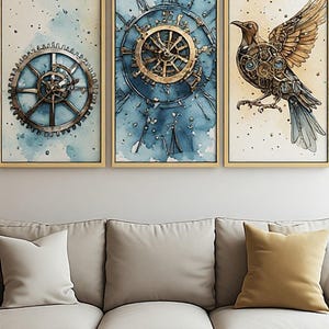 Steampunk Gear Clock and Mechanical Bird Triptych Wall Art, Blue Gold Beige White, Watercolor Splash Cog Roman Numeral, Three Panel Triptych