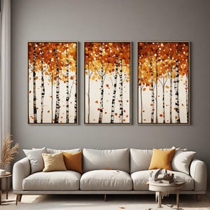 Orange Guld Björkskogsträdgård Triptyk Canvastavla Höstskog Vardagsrum Väggkonst Varm Natur Säsongsbetonad Dekor Gåva