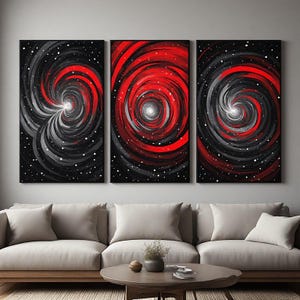 Crimson Black Spiral Galaxy Vortex Triptych Print Cosmic Abstract Wall Art Dramatic Nebula Space Living Room Gift Cinema Focal
