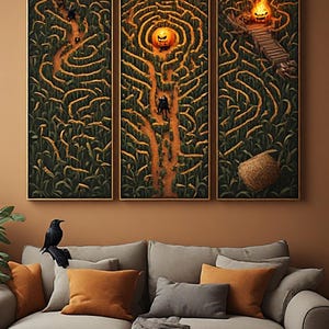 Peut inclure: Un ensemble de trois tableaux muraux verticaux représentant un labyrinthe de maïs sombre la nuit. L'œuvre comprend des citrouilles illuminées, des sentiers de terre sinueux et un pont en bois, le tout encadré de fines bordures noires.