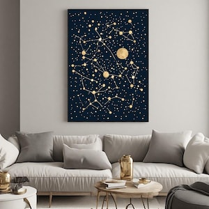 Peut inclure: Une impression d'art mural rectangulaire présentant un fond bleu marine foncé avec un motif dispersé de points et de lignes dorés formant diverses constellations célestes et deux formes circulaires dorées plus grandes représentant des planètes.