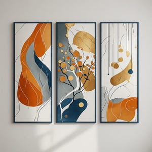 Metallic Swirl Botanical Ink Geometric Shapes Orange Gold Blue White fluid color blocks swirls left Three Panel Triptych