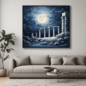 Peut inclure: Une impression d'art mural carrée représentant une scène nocturne avec une grande pleine lune lumineuse entourée de nuages bleu foncé et d'étoiles. Le premier plan montre des ruines en pierre avec des colonnes et un terrain rocheux bleu.