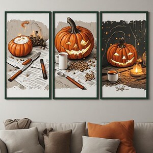 May include: A triptych of framed wall art prints featuring orange pumpkins. The first panel shows a carved pumpkin, a knife, and a tool. The second panel displays a jack-o'-lantern, a cup, and seeds. The third panel depicts a glowing jack-o'-lantern.