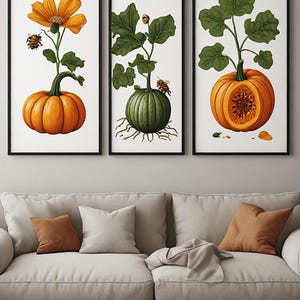 Peut inclure: Un ensemble de trois cadres muraux verticaux avec des illustrations botaniques. Le premier montre une citrouille orange avec une fleur jaune et une abeille. Le deuxième montre une citrouille verte avec des racines et une abeille. Le troisième montre une citrouille orange coupée.