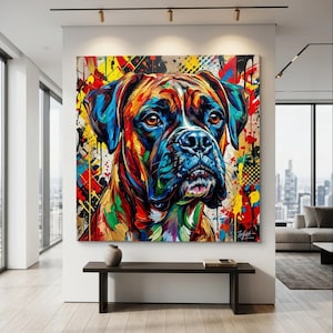 Op de afbeelding: Een groot, kleurrijk canvasdoek met een Boxerhond. Het kunstwerk toont levendige tinten blauw, rood, geel en groen, met verfspattereffecten. Het gezicht van de hond is het middelpunt, met gedetailleerde ogen en een serieuze uitdrukking. De print wordt tentoongesteld in een moderne woonruimte.