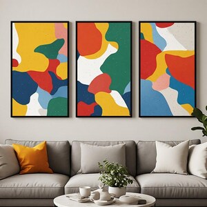 Metallic Swirl Yellow Red Green Blue Geometric Botanical Ink fluid color blocks distinct interconnected Three Panel Triptych