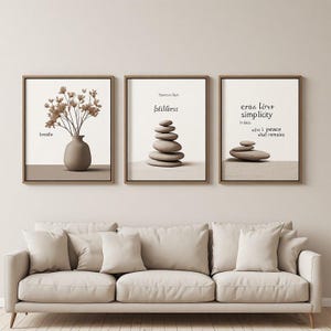 Breathe Stillness Peace Gray Stones Zen Serene beige brown white meditative simplicity balance serenity Three Panel Triptych