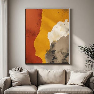 Peut inclure: Une œuvre d'art murale rectangulaire présentant une composition abstraite de blocs de couleurs verticaux. Le design affiche un rouge rouille profond, un jaune moutarde vif, un blanc cassé crémeux et un gris foncé texturé, avec un effet moucheté.