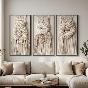 Cream Ivory Macrame Knot Fringe Woven Cord Textile Triptych Boho Natural Fiber Wall Art Living Room Neutral Print Decor Gift