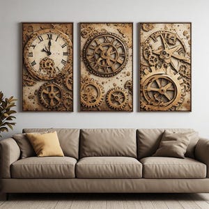 Peut inclure: Un ensemble de trois tableaux muraux en triptyque présentant des panneaux rectangulaires au thème mécanique industriel dans des tons sépia. L'œuvre affiche des cadrans d'horloge complexes, divers engrenages et roues dentées texturés.