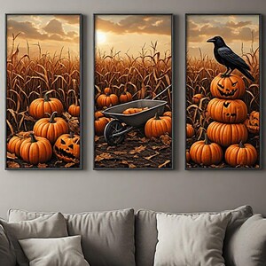 May include: A three-panel wall art set depicting a cornfield at sunset. The left panel shows orange pumpkins, the center panel features a wheelbarrow in a field, and the right panel displays a stack of carved pumpkins topped by a black raven.