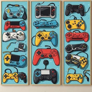 Könnte beinhalten: Ein dreiteiliges Wandbild-Set mit drei vertikalen Paneelen auf hellblauem Hintergrund. Jedes Paneel zeigt eine Sammlung verschiedener bunter Videospiel-Controller im Cartoon-Illustrationsstil, darunter rote, gelbe, blaue, schwarze und weiße Designs.