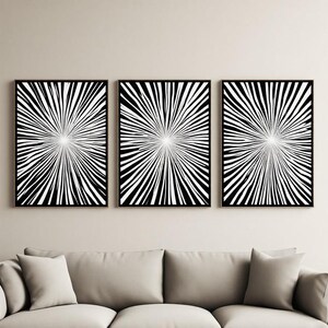 Linhas Radiantes em Forma de Raio de Sol, Geométricas, em Preto, Branco e Cinza, Modernas, Radiais, Simétricas e Monocromáticas, Tríptico de Três Painéis