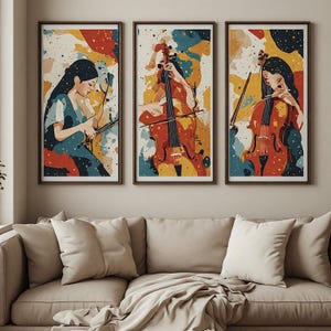 Peut inclure: Trois impressions d'art mural encadrées verticales présentant des thèmes musicaux abstraits. Le panneau de gauche montre une personne jouant d'un instrument à cordes, le panneau central un violoncelle, et le droit une personne jouant du violoncelle.