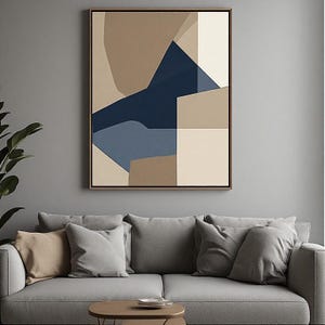 Peut inclure: Une œuvre d'art murale rectangulaire présentant une composition géométrique de formes superposées dans des tons bleu marine, bleu clair, beige et crème. L'œuvre est encadrée d'un cadre fin marron foncé, avec des angles vifs et des courbes.