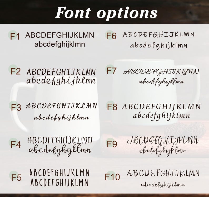 May include: White coffee mugs displaying various font options for customization. The image shows ten different font styles, labeled F1 through F10, each showcasing uppercase and lowercase alphabets. The text "Font options" is at the top.