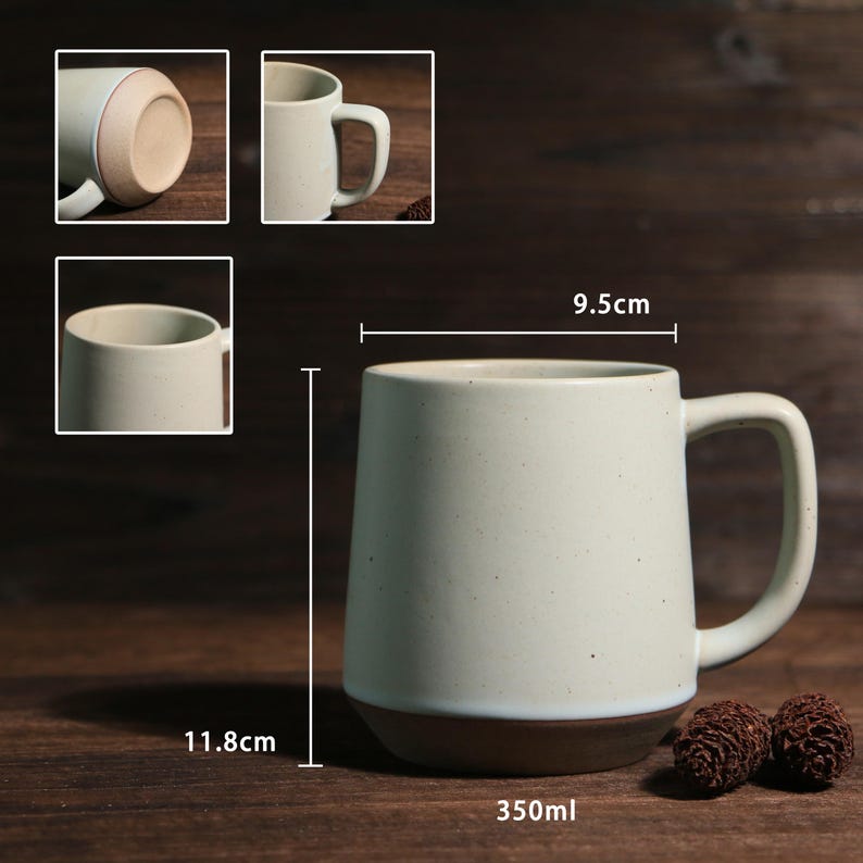 May include: A ceramic mug with a light green upper half and a brown base. The mug is 4.6 inches wide and 4.6 inches tall, with a capacity of 11.8 fluid ounces. The mug has a handle and is suitable for hot or cold beverages.