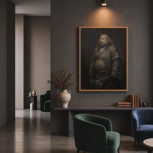 May include: A framed wall art print depicting a figure with porcine features wearing traditional robes and holding a rake. The artwork is displayed in a dark room with a stone console table, a ceramic vase with dried branches, and velvet chairs.