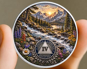 Custom AA Sobriety Chip 1-99 Years, Mountain Waterfall Recovery Coin, Personalized Sober Milestone Medallion, AA Anniversary Gift