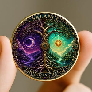May include: A circular gold-rimmed coin featuring a central tree design that splits the image into a purple night scene with a crescent moon and a teal day scene with a sun. The text BALANCE is at the top and ROOTED IN CHANGE is at the bottom.