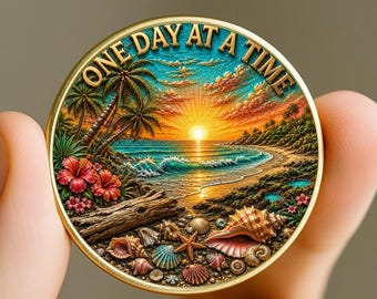 Personalized AA Chip or NA Chip, Tropical Beach Sobriety Coin, One Day At A Time Serenity Prayer Medallion