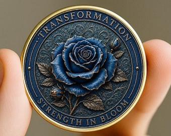 Könnte beinhalten: Eine runde Münze mit goldenem Rand, die in der Mitte eine tiefblaue Rose zeigt, umgeben von filigranen dunklen Mustern. Der Schriftzug TRANSFORMATION ist oben und STRENGTH IN BLOOM unten in goldener Farbe eingeprägt.