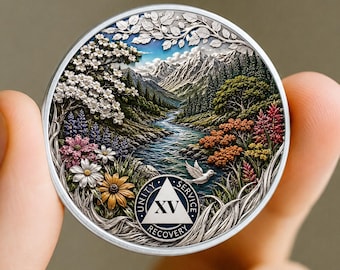 Custom AA Sobriety Chip 1-99 Years, Mountain River Recovery Coin, Personalized Sober Milestone Medallion, AA Anniversary Gift