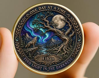 Personalized Sobriety Coin, Custom AA or NA Chip, Northern Lights Recovery Medallion, Sober Anniversary Gift, Recovery Milestone Coin
