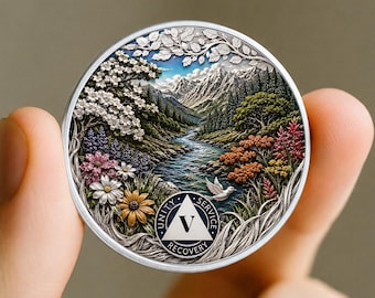 Custom AA Chip 1-99 Years, Nature Landscape Sobriety Coin, Mountain River Recovery Medallion, Inspirational Sober Milestone Gift Token