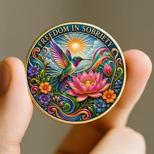 May include: A circular gold-rimmed medallion featuring a colorful illustration of a hummingbird hovering over a pink lotus flower. The background displays a sunburst and rainbow, with the text FREEDOM IN SOBRIETY arched along the top edge.