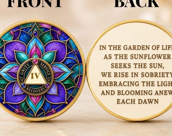 Custom AA Sobriety Chip 1-99 Years, Purple & Orange Mandala Flower Recovery Coin, Sunflower Garden Medallion, AA Anniversary Gift
